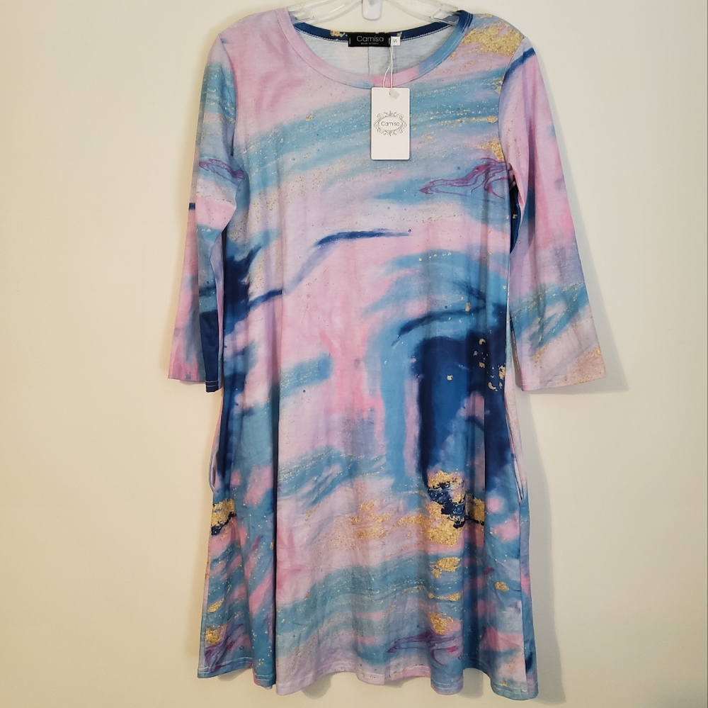 NWT! Camila Stretch Tie Dye Tunic Long Sleeve Boatneck Shirt Dress Size S